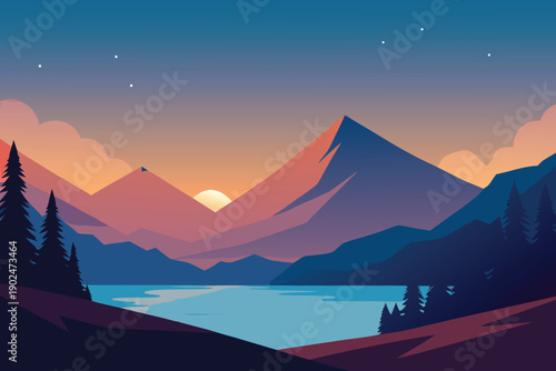 Beautiful mountain landscape with sunrise and sunset light over misty peaks, clouds, and a serene sky