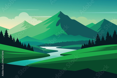 Green summer mountain landscape with snowy peaks, forests and valleys under a bright cloudy sky