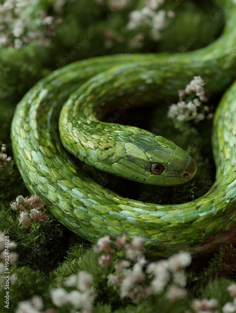Fototapeta premium A bright green snake resting elegantly on lush foliage adorned with delicate white flowers, showcasing nature's vibrant harmony.