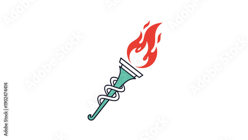 Burning torch with red flames and a teal handle featuring a winding white element representing light, hope, or athletics.