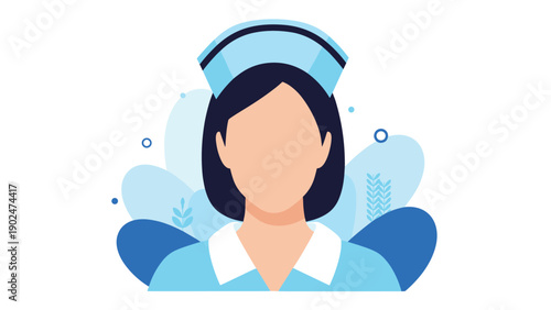 Stylized portrait illustration of a female nurse wearing a light blue uniform and a traditional cap against a soft background.