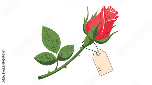 Red rose bud on a thorny stem with green leaves and an attached blank paper tag for a special gift price or message.