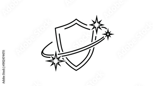 Protective shield icon with sparkles and a rotating line representing cleanliness, sanitation, and safety systems.