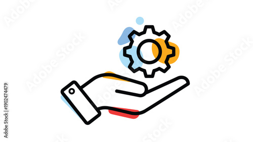 Outlined hand icon holding or supporting a gear symbol with colorful abstract background shapes for service concepts.