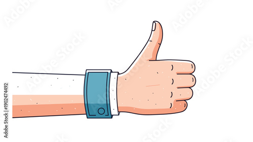 Human hand giving a thumbs up gesture while wearing a blue wristband or smart electronic device on a white background.