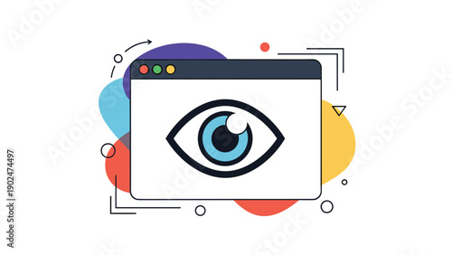 Web browser window featuring a large eye icon in the center representing vision, monitoring, and web analytics.