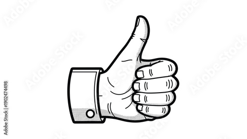 Hand showing a thumbs up gesture in black and white stippled art style representing positive approval and social likes.