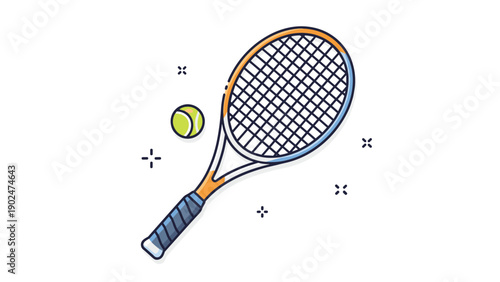 Tennis racket and ball icon with decorative sparkles for sports theme, athletic competition, and fitness activity design.