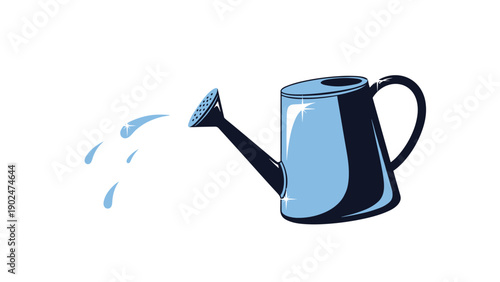 Blue metal watering can pouring water droplets for garden care, plant growth, and agricultural maintenance illustration.