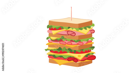 Large multi-layered club sandwich with meat, cheese, lettuce, and tomatoes held together by a toothpick for food design.