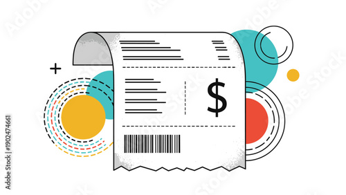 Financial billing receipt icon with abstract colorful circles and a dollar sign for payment, invoice, and expense tracking.