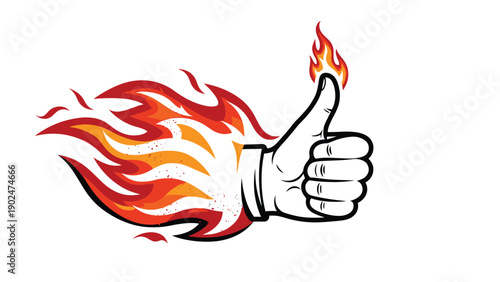 Thumbs up hand icon engulfed in bright flames representing great success, hot deals, and high performance achievements.