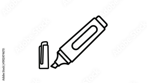 Simple black and white outline of a highlighter pen with its cap removed for office supplies, study, and stationery icons.