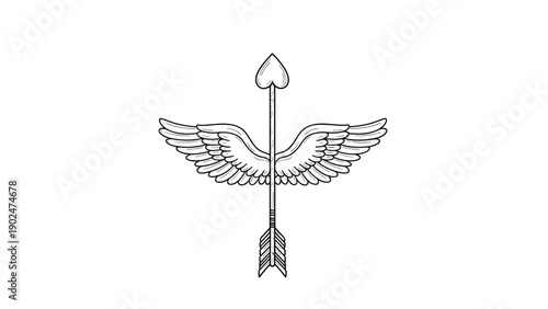 Cupid arrow with a heart-shaped tip and angel wings for romantic valentine themes, love messages, and wedding decorations.