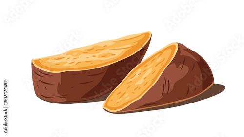 Roasted sweet potato slices with a rich orange color and brown skin representing healthy food, root vegetables, and cooking.