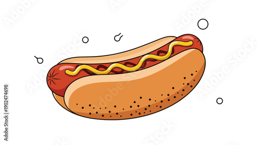 Appetizing hot dog in a sesame seed bun with a zigzag of yellow mustard for fast food, snack, and street food concepts.