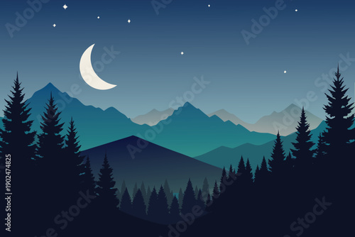 Starry winter night landscape with snowy mountains, forest trees, glowing moon, and blue aurora sky in a dark vector illustration