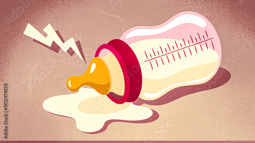 Spilled baby formula from tipped feeding bottle illustrates nutritional emergency