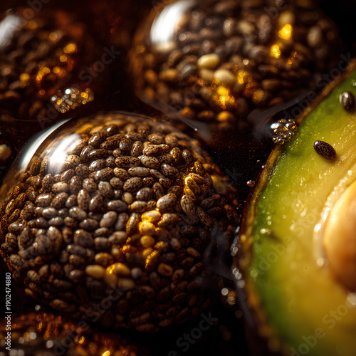 Extreme Macro Close Up of Chia Seeds in Olive Oil and Creamy Avocado with Moody Lighting Highlighting Whole Food Fats and Fiber Texture

