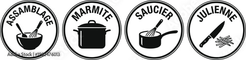 Culinary French vocabulary stickers vector set for kitchen labels