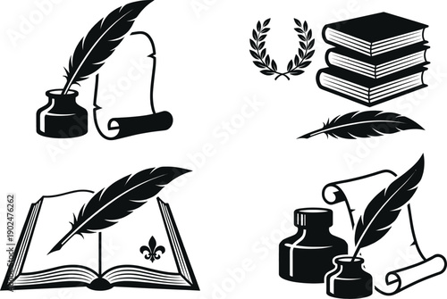 Quill and ink pot for vintage French literature concept