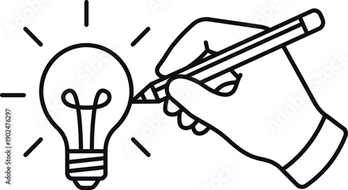 Lightbulb idea sketch with hand holding pencil vector illustration