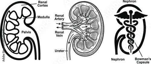 Kidney anatomy cross-section diagram vector illustration