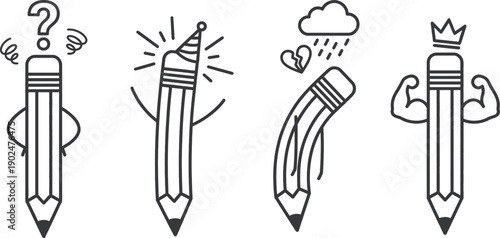 Pencil character set with cute expressions and various emotions