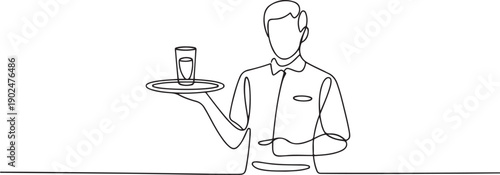 Single one line drawing of young waiter man holding metal tray with glass to serve.one line vector illustration with white background