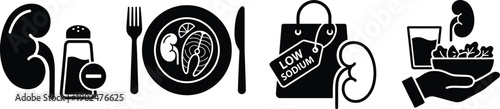 Kidney health vector icons for low sodium diet nutrition