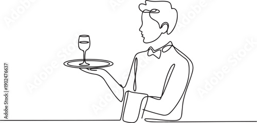 Single one line drawing of young waiter man holding metal tray with glass to serve.one line vector illustration with white background