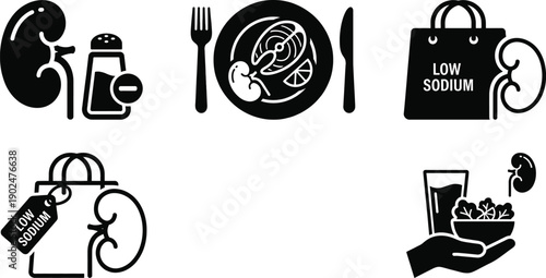 Kidney health vector icons for low sodium diet nutrition