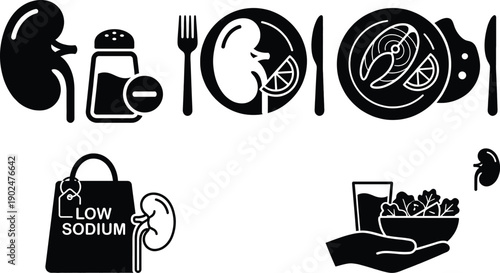 Kidney health vector icons for low sodium diet nutrition