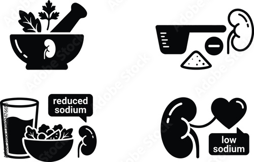 Kidney health vector icons for low sodium diet nutrition