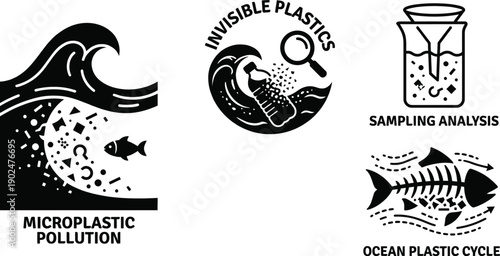 Microplastic pollution in deep ocean water vector illustration