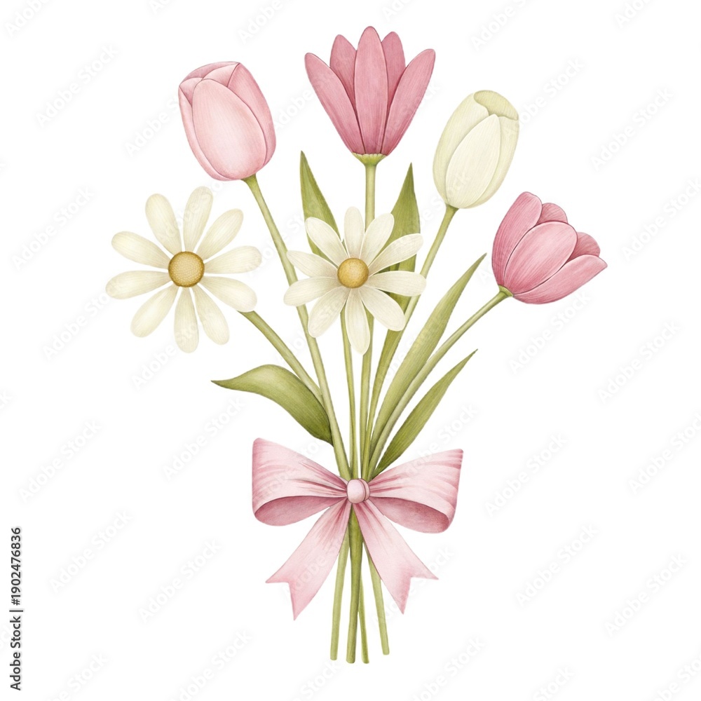 Obraz premium Pastel watercolor bouquet with tulips and daisies