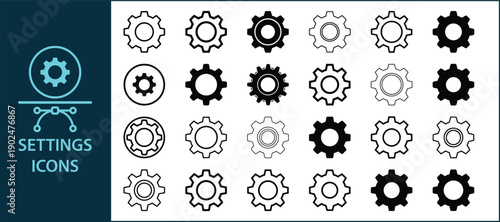 Settings Solid Icon Set Vector, Options Configuration Preferences Adjustment Gear Control Panel Equalizer Optimization and Setup Icons Collection