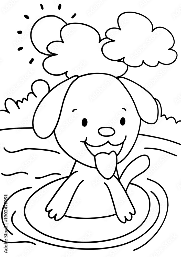 Fototapeta premium Coloring Page for Kids, Cute Smiling Dog on Grass Outline on Transparent Background