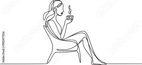 Single continuous line drawing young pretty girl sitting in modern chair, enjoying coffee.one line vector illustration with white background
