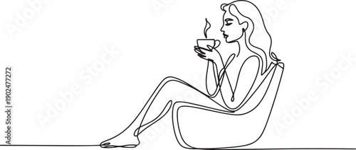 Single continuous line drawing young pretty girl sitting in modern chair, enjoying coffee.one line vector illustration with white background
