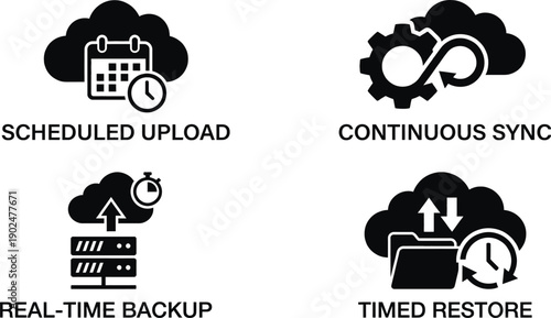 Cloud backup icon set for automated data storage schedule
