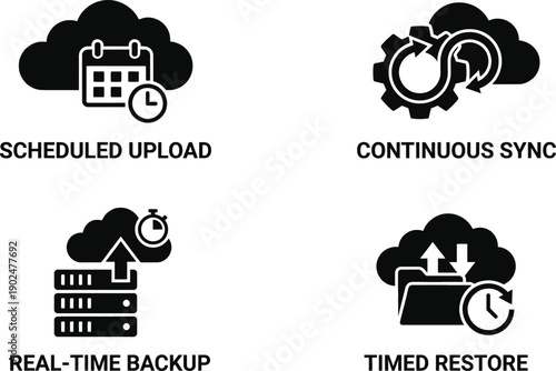 Cloud backup icon set for automated data storage schedule