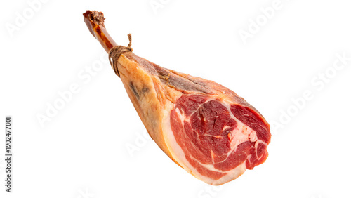 A cured ham is hanging with a piece of string isolated on transparent background