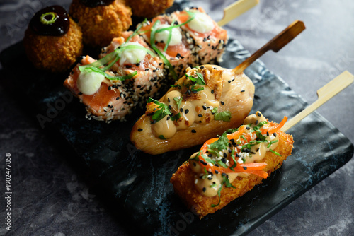 Konstfotografi Gourmet Japanese fusion skewers with crispy fried toppings
