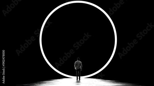 Lone figure stands before a glowing white circle in a dark void, a luminous portal evoking mystery, choice, and future concepts in monochrome.