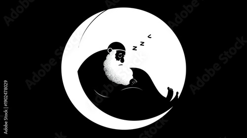 Peaceful black and white illustration of a sleeping monkey curled in a crescent moon, minimalist art with tranquil night design