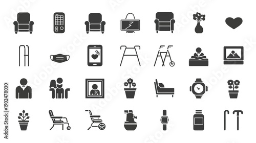 Collection of monochrome silhouette icons representing elderly care, senior living, assistance, health, and household items. Vector illustration.