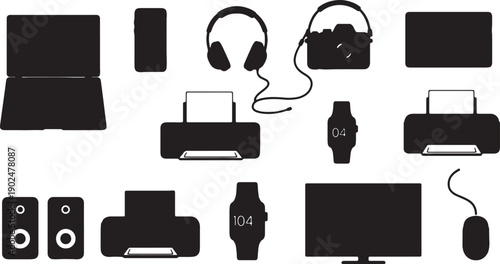 Black silhouette icons of various electronic devices and gadgets, including laptop, tablet, smartphone, headphones, camera, printer, watch, speaker, monitor, mouse