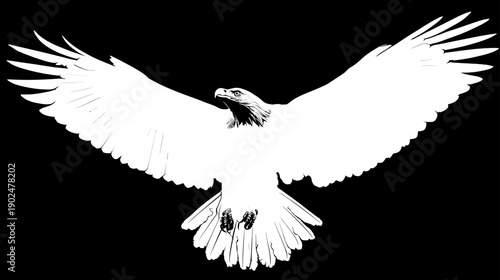 Dynamic white eagle illustration soaring with outstretched wings, isolated on black, symbolizing freedom, power, and courage.