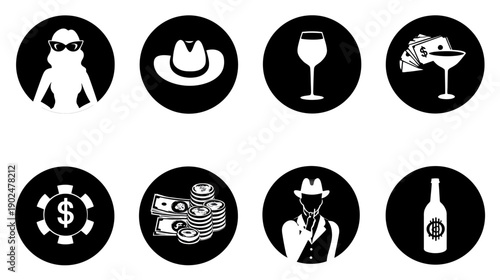 Elegant Black and White Icons for Gambling, Casino, Money, Mystery, and Nightlife. Silhouette Set with Characters and Luxury Items.